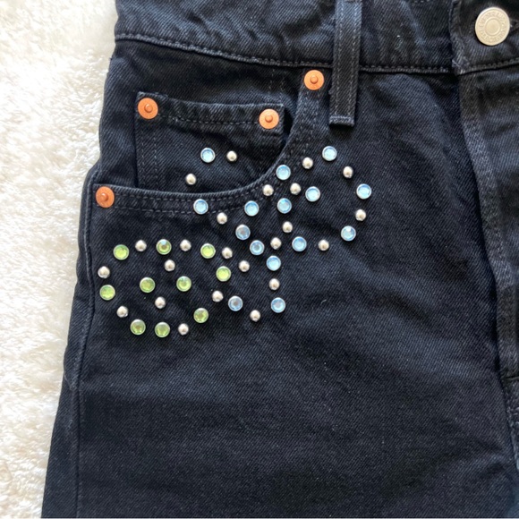 LEVI'S Ribcage Studded Rhinestone High Rise Jean Cut Off Shorts Black Size 26 - Picture 6 of 11